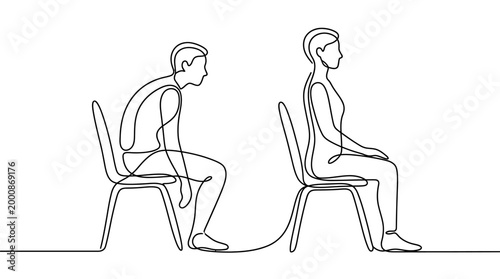 Continuous line art illustration comparing bad and good posture while sitting.