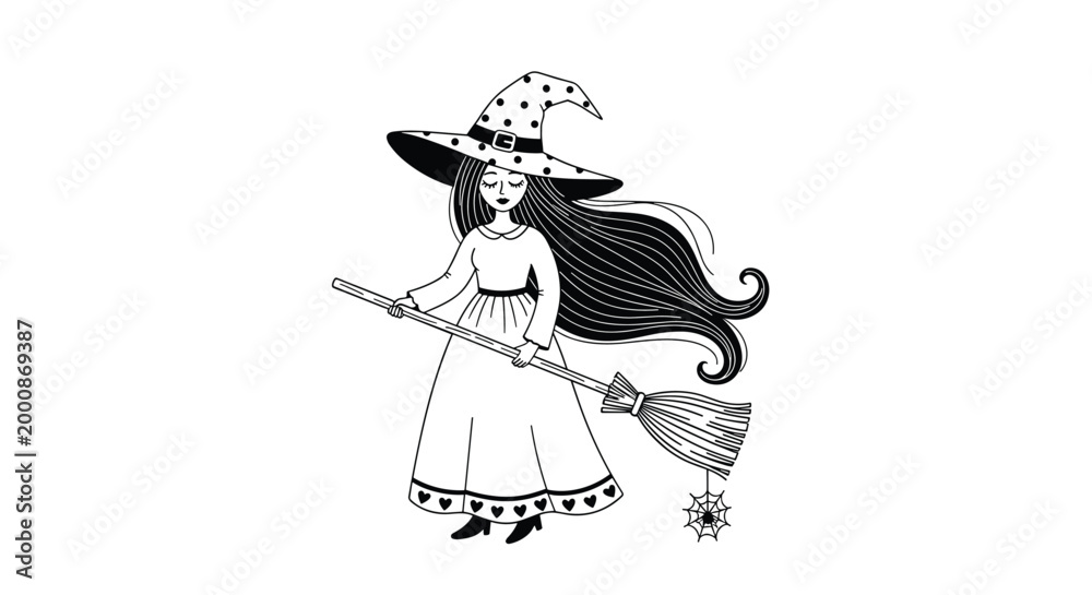 Obraz premium Elegant line art illustration of a young witch with long flowing hair flying on her broom with a spider web.