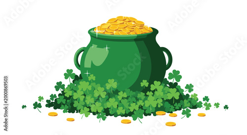 Pot of gold overflowing with shining coins resting on a lush bed of green shamrocks for the st patricks day holiday.