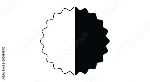 Circular serrated badge icon divided into black and white halves for an abstract concept and a creative logo design.