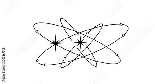 Minimalist atomic orbital icon with black paths and two central stars representing modern science and energy.