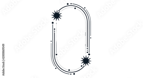Minimalist celestial oval frame with stars and dot accents on a clean white background for various modern designs.