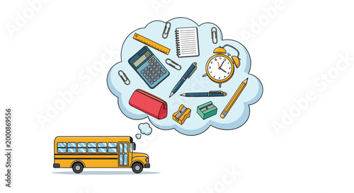 School bus with a thought bubble filled with various academic supplies like a calculator clock pens and pencils.