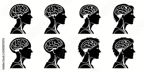 Set of human head silhouettes with brain icons illustrating cognitive thought processes and mental health concepts silhouette thinking psychology intelligence cognitive reasoning knowledge