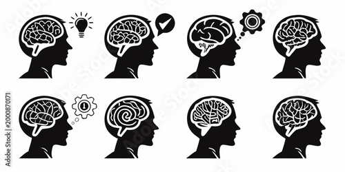 Human profile icons with brain thought bubbles thinking silhouette intelligence cognition creative scientific collection illustration monochrome education reasoning analysis consciousness