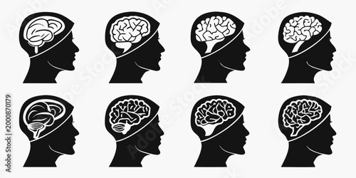 Human head profile icons with brain concepts thinking silhouette psychology intelligence cognition knowledge creative scientific collection illustration monochrome education reasoning