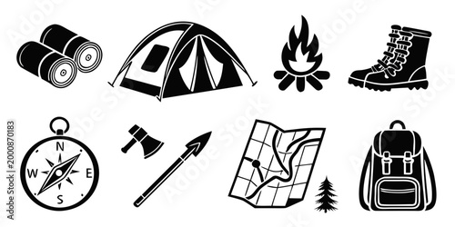 Camping and outdoor activity equipment icons featuring tent camera compass and hiking gear for travel adventure equipment backpacking exploration survival vacation expedition