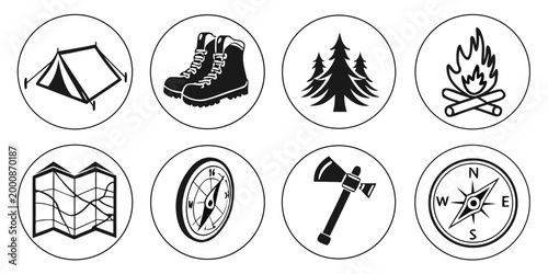 Collection of outdoor camping and trekking gear icons including tent compass binoculars and hiking equipment with trekking adventure equipment binoculars backpack exploration mountain vacation