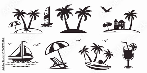 Tropical beach elements collection with sailboats palm islands sunglasses and exotic cocktail tropical vacation sailboat sunglasses cocktail silhouette seascape navigation transport paradise