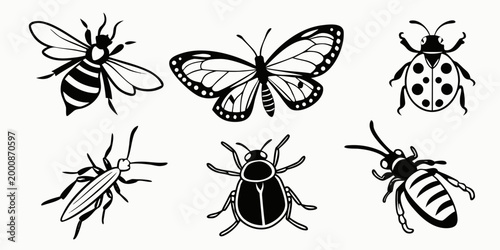 Collection of various insects silhouette icons including butterflies beetles dragonfly and other bugs with butterfly dragonfly silhouette wildlife entomology collection creature crawling