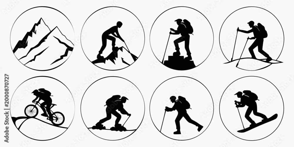 Fototapeta premium Mountaineering and camping set with black silhouette mountain climbers mountain climbing silhouette adventure mountaineer backpack equipment collection activity recreation exploration