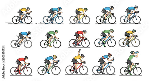 Diverse collection of athletic cyclists in full cycling attire participating in a competitive race showcasing different postures and equipment as they pedal with effort and determination across