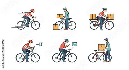 Animated figures depict bicycle couriers transporting packages and parcels showcasing delivery services and urban logistics through cycling These visuals present various stages of the e commerce