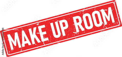Red grunge rubber stamp imprint featuring MAKE UP ROOM in bold white lettering