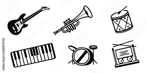 Musical instruments and stage equipment icons collection with keyboard microphone saxophone instrument collection illustration monochrome isolated performance classical application