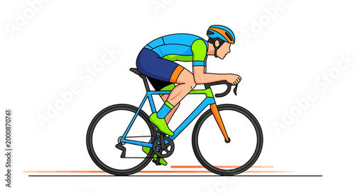 Cyclist in aerodynamic racing posture with specialized road bicycle pedaling forward with determined focus wearing athletic cycling apparel and protective headgear during a competitive sporting