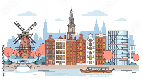 Iconic Amsterdam cityscape featuring historic windmills, traditional canal houses, and modern architectural elements, all rendered in a charming flat design style