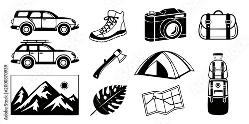 Set of adventure camping travel black and white icons with adventure mountain backpack exploration expedition vacation landscape monochrome navigation orientation wilderness discovery