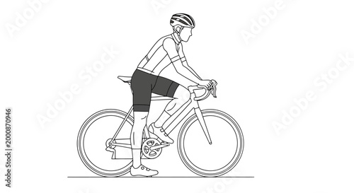 Athletic person wearing cycling apparel and helmet actively riding a bicycle on a flat path representing sport and healthy lifestyle on a clear day with no obstructions visible