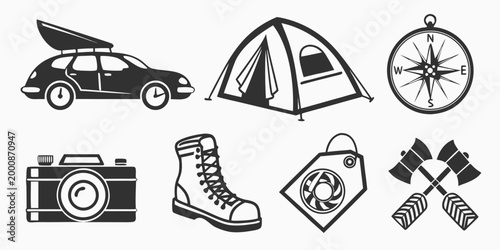 Outdoor camping and travel icons set black and white with adventure mountain signpost exploration vacation expedition monochrome navigation location landscape wilderness climbing activity