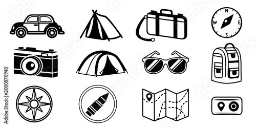 Black and white camping and adventure travel icons with adventure expedition vacation navigation exploration equipment monochrome climbing mountaineering discovery destination wanderlust