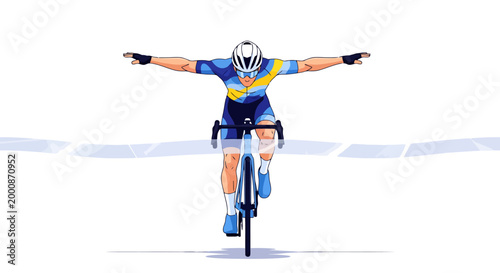 Excited cyclist arrives at finish line with arms outstretched in victory celebration after intense competitive road cycling race expressing joy and triumph wearing cycling attire and helmet