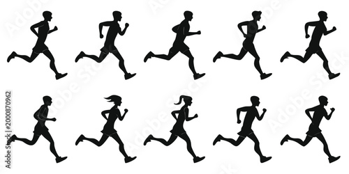 Set of ten human silhouette runners showing different jogging running and sprinting poses isolated on white background with silhouette exercise training movement marathon lifestyle collection