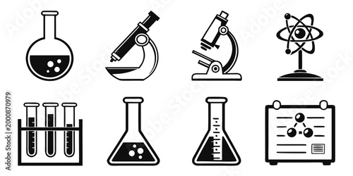 Science and laboratory icons set featuring microscope chemistry flasks test tube rack and molecular structure laboratory equipment microscope chemistry experiment research scientific analysis