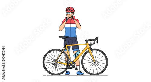 Man wearing cycling helmet and protective gear standing with a yellow road bicycle ready for outdoor ride training for a competition enjoying healthy lifestyle activities and preparing for a