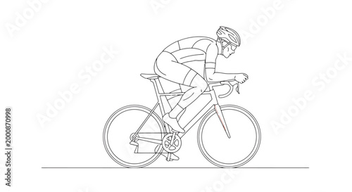 Dynamic line art depiction of a dedicated cyclist in aerodynamic racing position atop a streamlined bicycle showcasing the grace and athleticism involved in competitive cycling