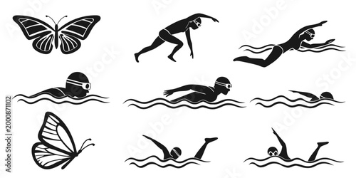 Konstfotografi Set of black silhouette swimmer icons illustrating different swim strokes and wa