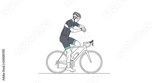 Athletic cyclist wearing helmet and cycling attire checks wristwatch while riding a road bicycle on a drawn path highlighting preparedness and timing in recreational cycling sport activity and