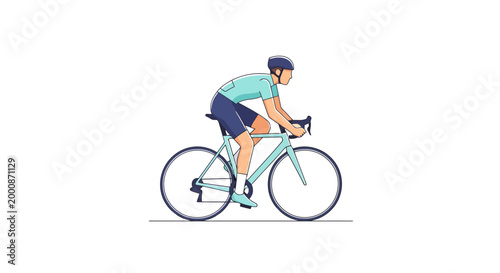 A person wearing cycling attire and helmet rides a bicycle demonstrating athletic prowess and dedication to the sport of road cycling focusing on health and active lifestyle pursuits for outdoor