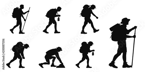 Set of hiking adventure silhouettes with backpackers and mountain terrain silhouette adventure mountain backpacking outdoors trekking exploration climbing wilderness vacation equipment