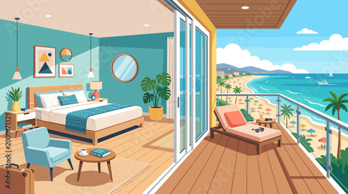 A luxurious hotel room with a balcony view overlooking the beach and ocean