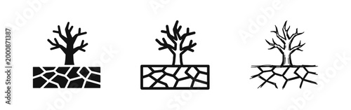 Drought and Climate Change Icon Set, Dead Tree on Dry Cracked Earth Symbol