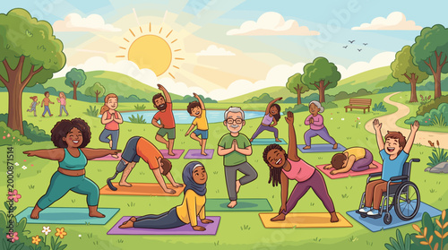 A Diverse Group Practicing Yoga Outdoors in a Park, Embracing Wellbeing and Togetherness