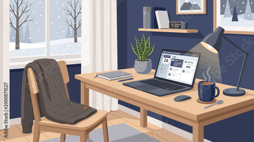 Cozy workspace on a cold winter day, showcasing a laptop, coffee, and a snowy scene outside the window.