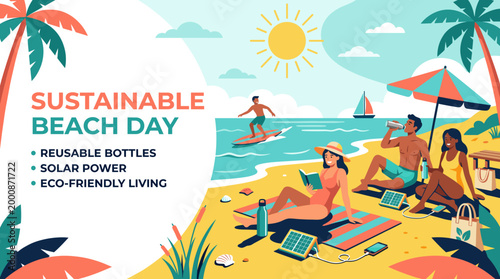 An eye-catching illustration promoting a sustainable beach day with beach goers enjoying themselves