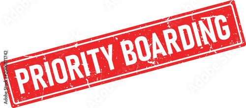 Red rectangular rubber stamp with distressed white ink impression reading PRIORITY BOARDING