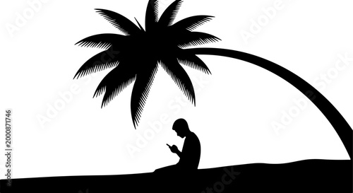 Person under palm tree using phone , summer vacation phone addiction silhouette.
