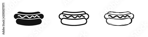 Hot Dog Fast Food Icon Set, Sausage in Bun with Mustard Symbol