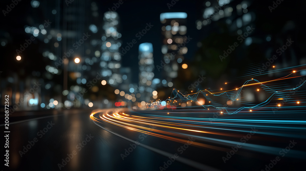 Fototapeta premium City Lights in Motion: A blurred scene of a city street at night, capturing the rapid movement of vehicles, enhanced with digital light trails.