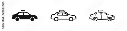Taxi Icon Set - Car Silhouette with Cab Sign in Solid, Outline, and Hand-Drawn Styles