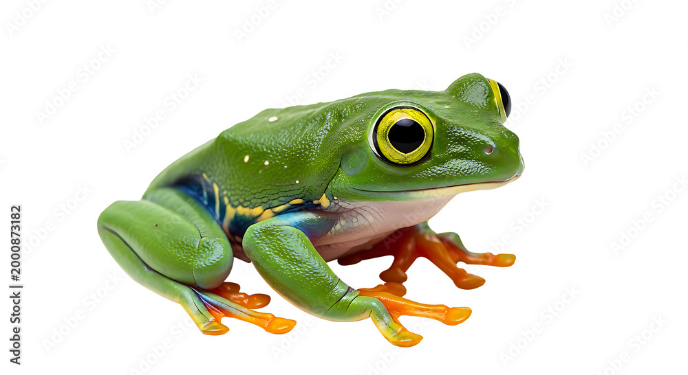 Fototapeta premium Green png frog with yellow eyes and orange feet isolated on transparent background