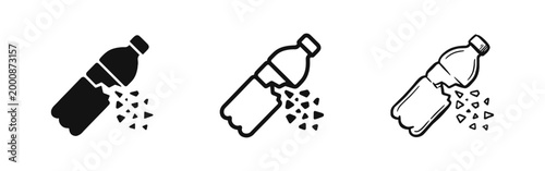 Microplastics Pollution Icon Set - Broken Plastic Bottle with Fragments in Solid, Outline and Sketch Styles