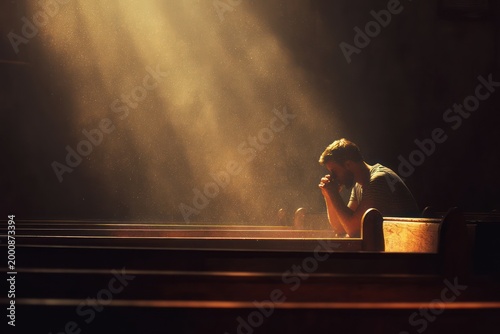Spiritual moment of man praying in pew