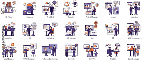 IT Technology Professional Roles Icon Set Including Developer Designer Analyst Manager and Engineering Careers Vector Illustration