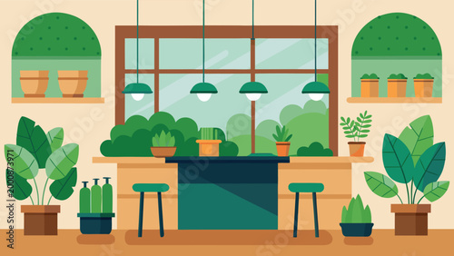Vector illustration of an eco-friendly cafe cozy design interior with green pants in pots.