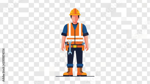 Construction Worker Standing Vector Illustration. Professional builder or foreman in safety hard hat, reflective vest, and tool belt. Isolated character design.